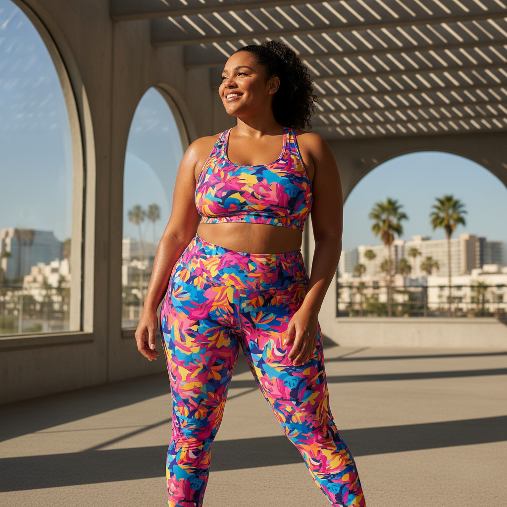 plus size colorful activewear bold multicolor print leggings and sports bra worn by confident plus size woman