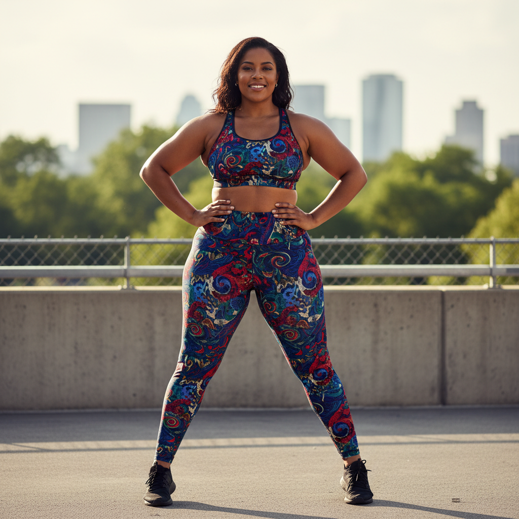 plus size statement print leggings bold striking all-over pattern worn by confident plus size woman