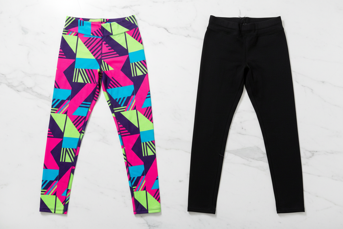 Side-by-side comparison of premium and dupe bold print plus size activewear showing quality differences