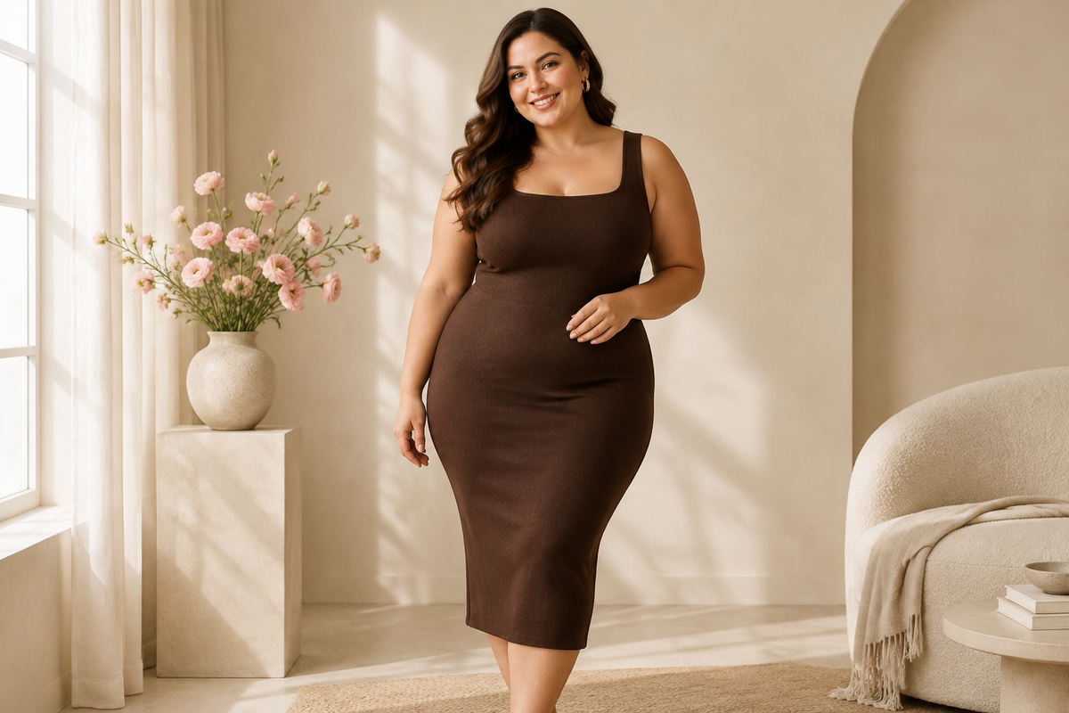 Plus size woman in a smooth fitted espresso knit midi dress, seamless vs. shaping shapewear guide