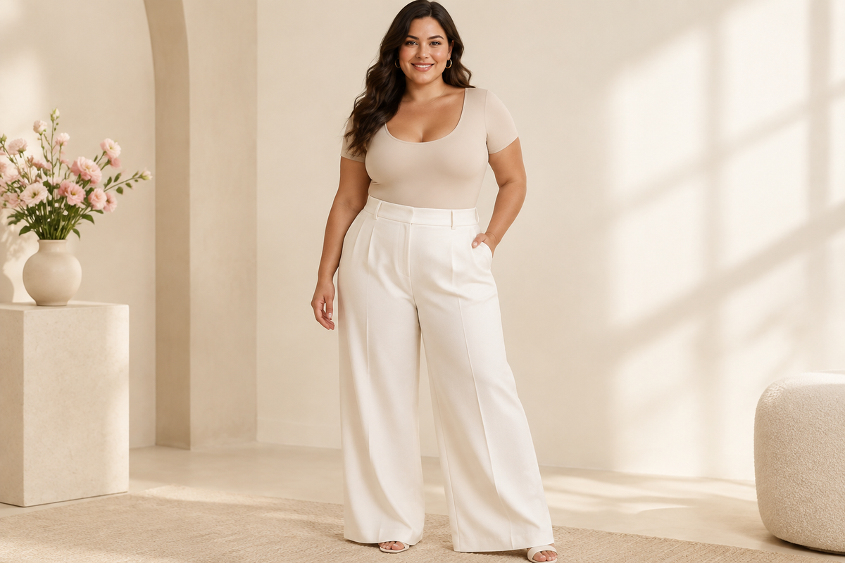 Plus size woman wearing a beige scoop-neck shaping bodysuit with ivory wide-leg trousers, Shapewear 101 guide