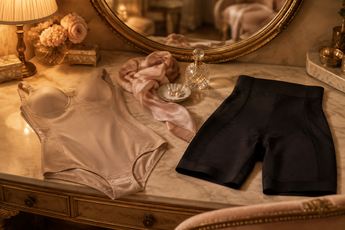 Nude shaping bodysuit and black high-waisted shaping shorts side by side on a vanity table