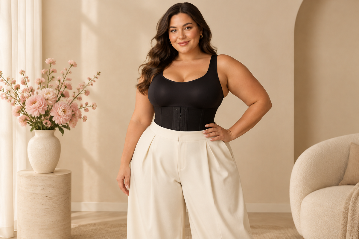 Plus size woman wearing a black waist-cinching shaping bodysuit with ivory wide-leg trousers, shapewear compression guide