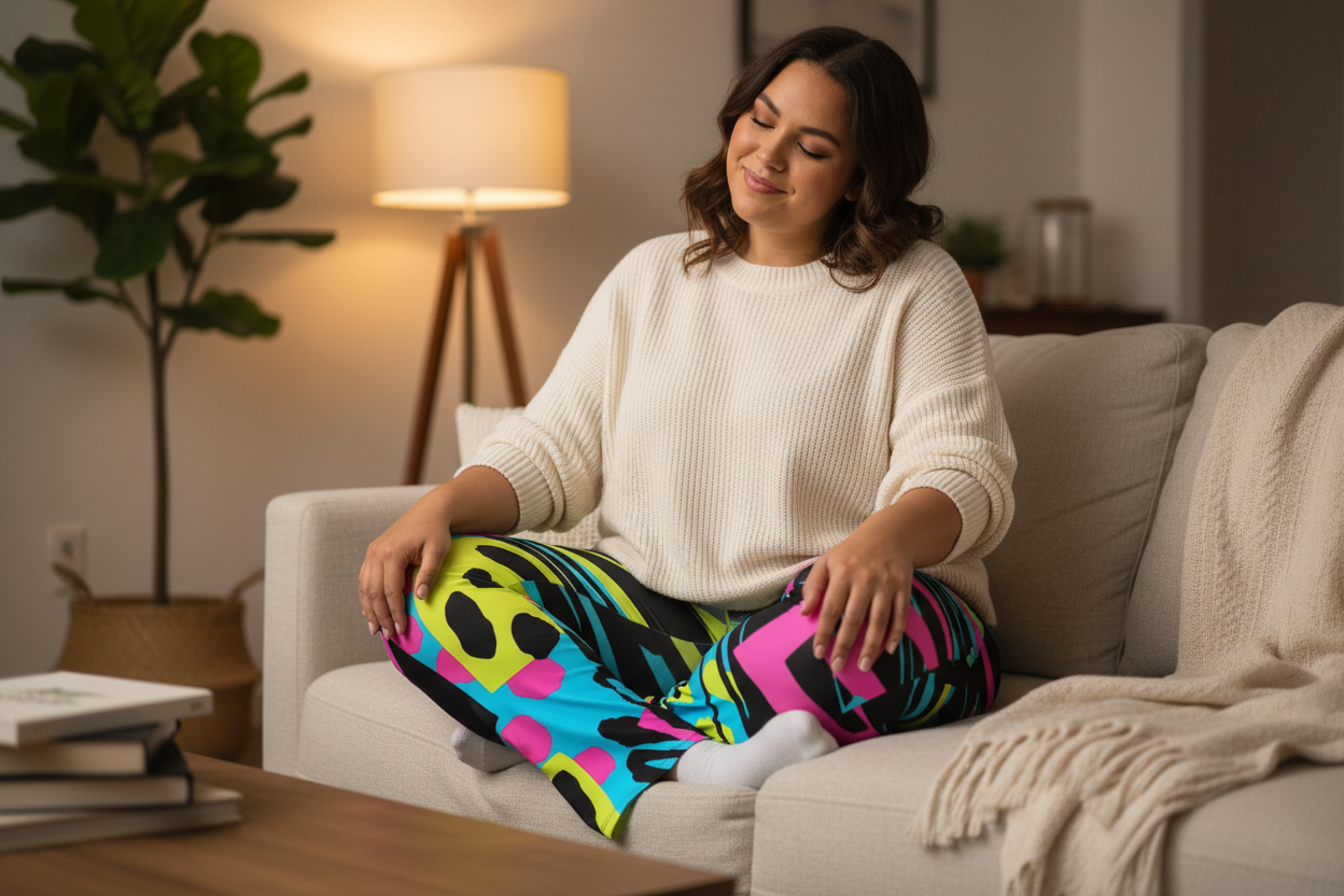 Close-up of ultra-soft bold print plus size leggings fabric showing smooth buttery texture