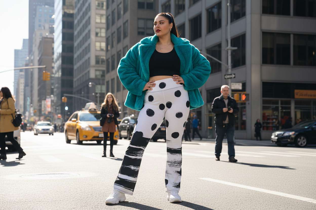 Curvy plus-size woman in head-turning statement bold print leggings commanding attention