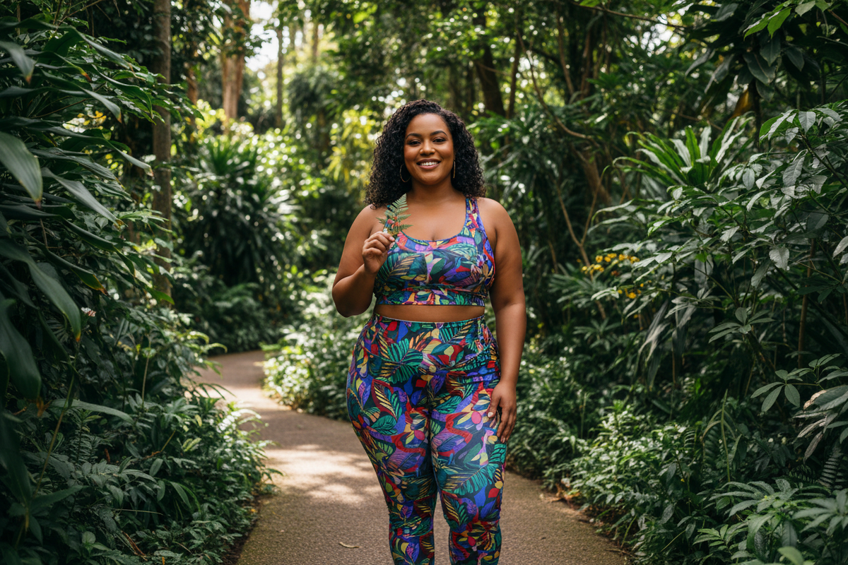 Plus-size woman in sustainable bold print activewear made from recycled eco-friendly fabric