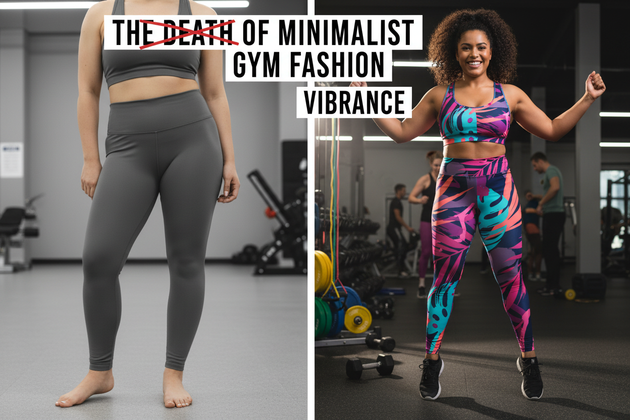 Plus-size woman in bold colorful gym wear standing confidently next to minimal grey activewear
