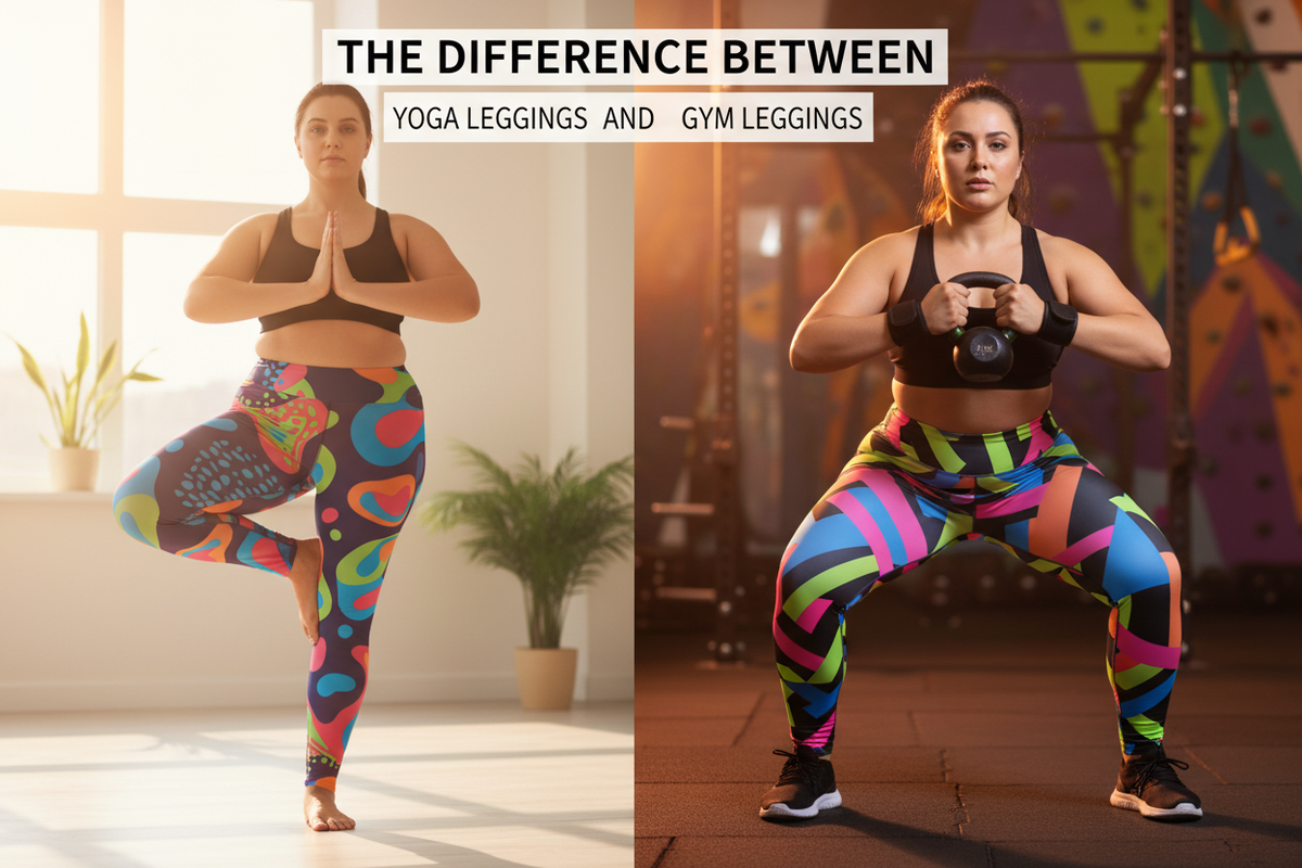 Plus-size woman comparing yoga leggings and gym leggings side by side in bold prints