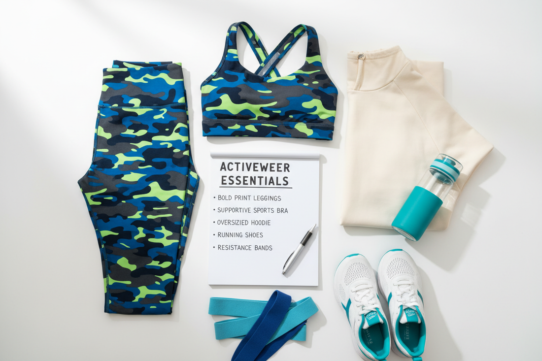 Flat lay of bold print plus-size activewear pieces with a checklist concept showing essential shopping criteria