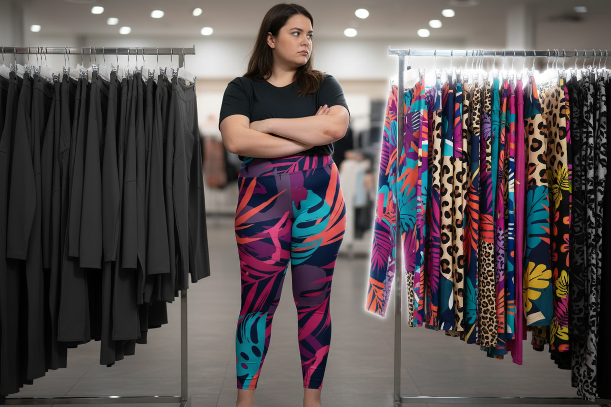 Plus-size woman in bold expressive activewear looking empowered and vibrant
