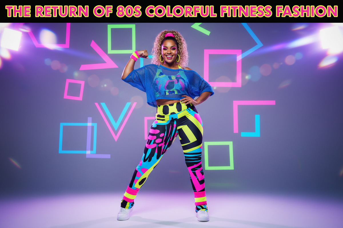 Plus-size woman in vibrant retro-inspired bold print activewear channeling 80s fitness fashion