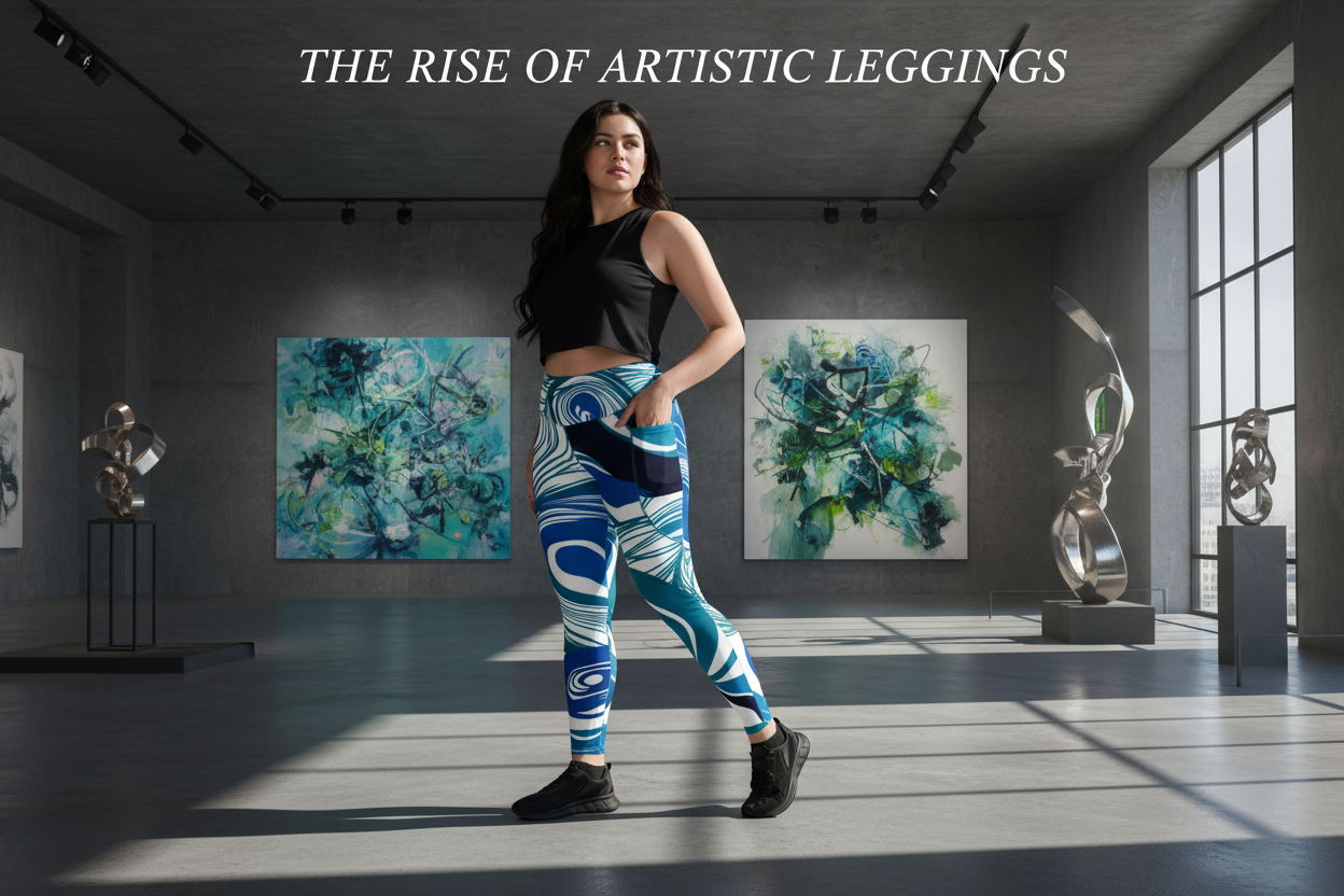 Plus-size woman wearing artistic print leggings that look like wearable art in a studio