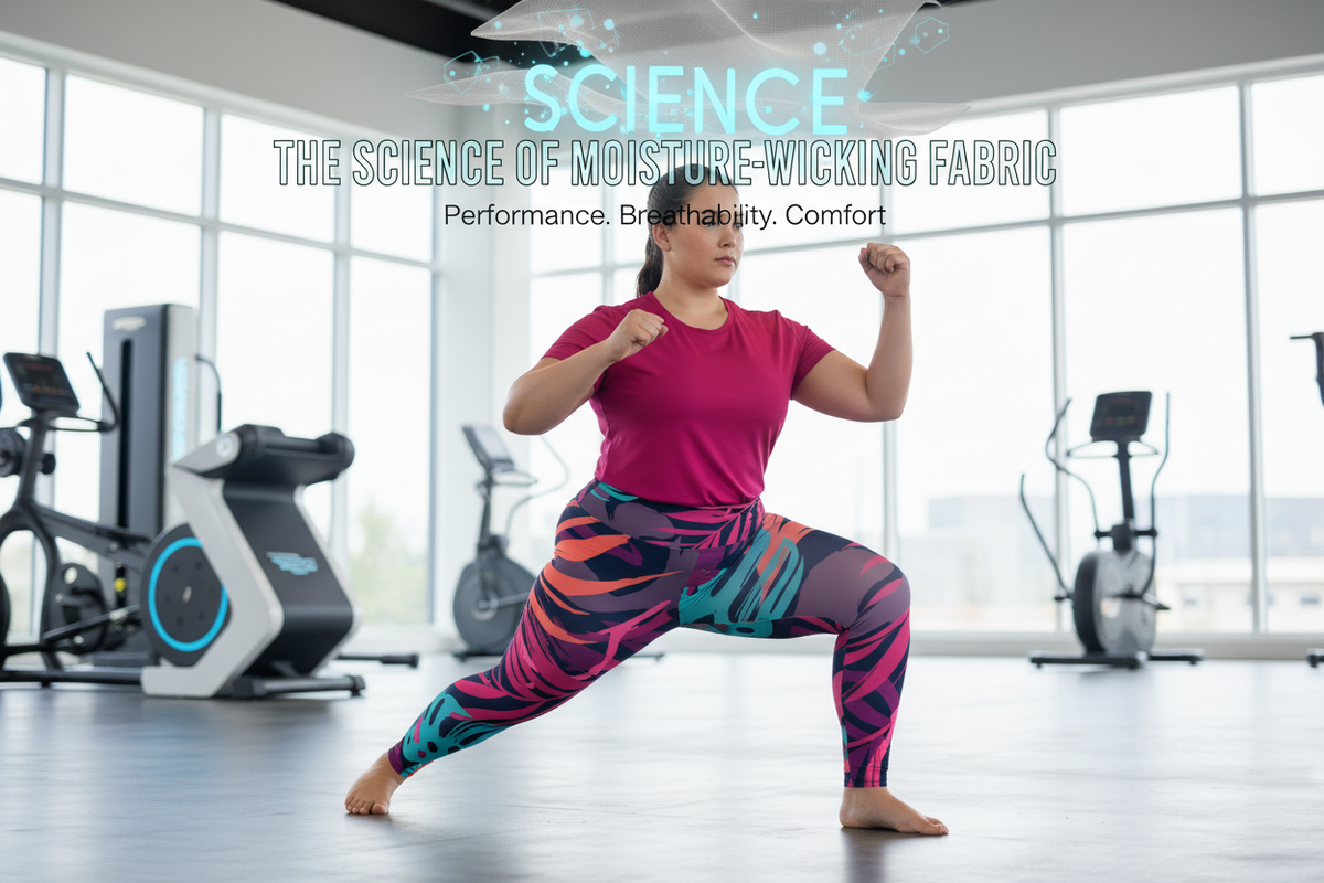 Plus-size woman in moisture-wicking bold print activewear staying cool during an intense workout