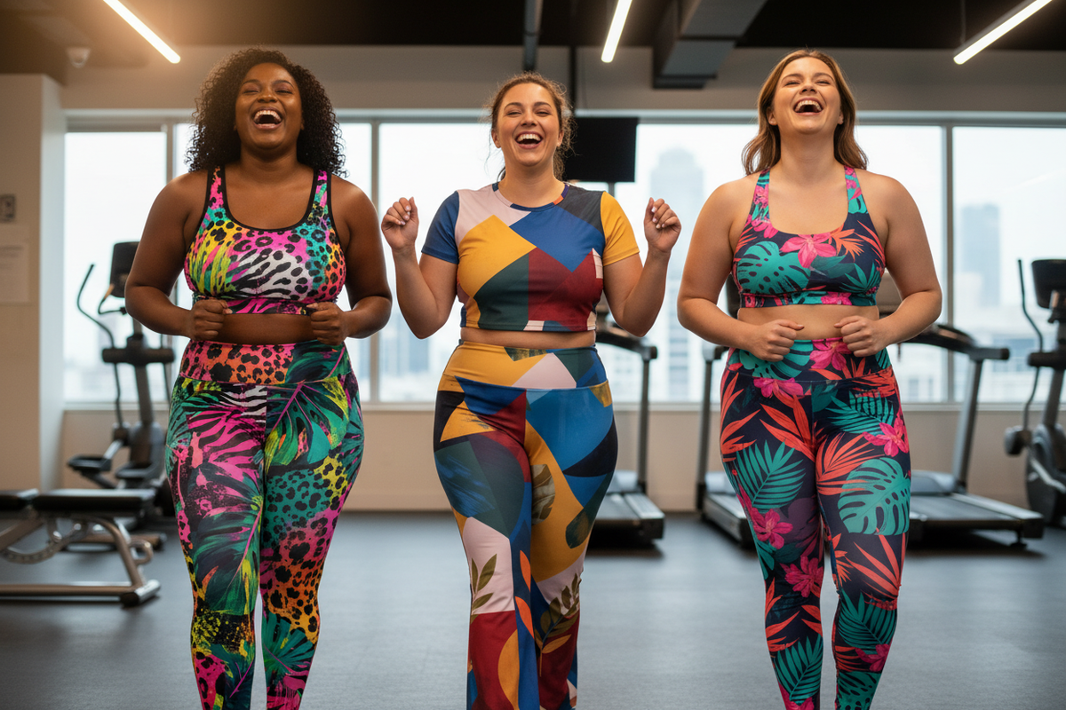 Plus-size woman in a complete bold print gym outfit looking powerful and ready