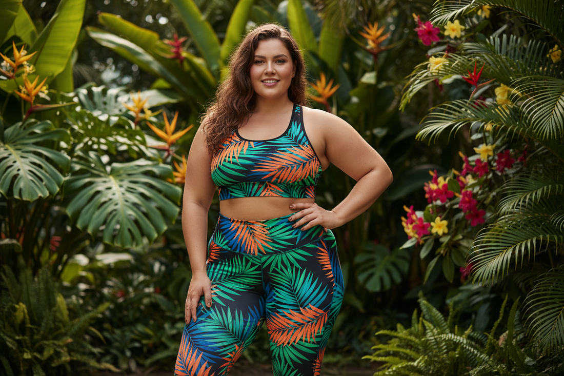 Plus size woman with visible curves in bold tropical palm print leggings and matching sports bra outdoors — Azalea Couture tropical workout clothes for plus size women