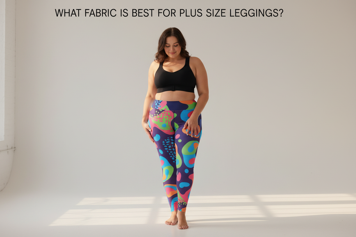 Close-up of high-quality bold print leggings fabric showing texture and stretch