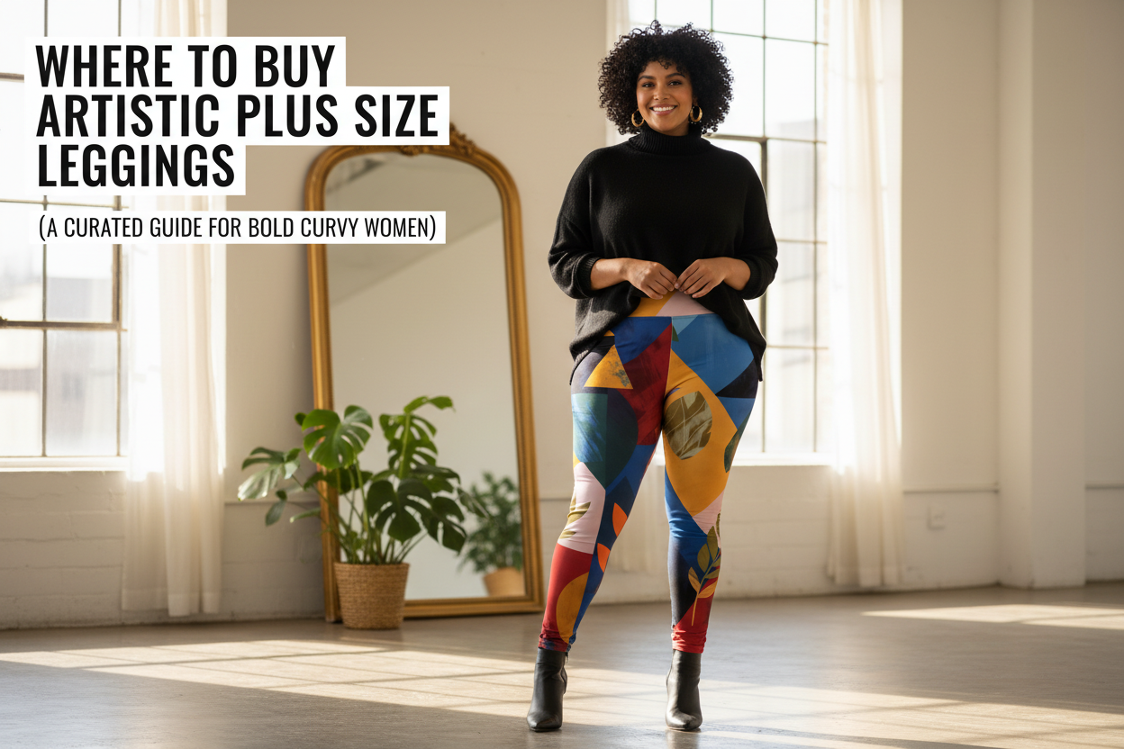 Artistic bold print plus size leggings displayed showing unique pattern designs