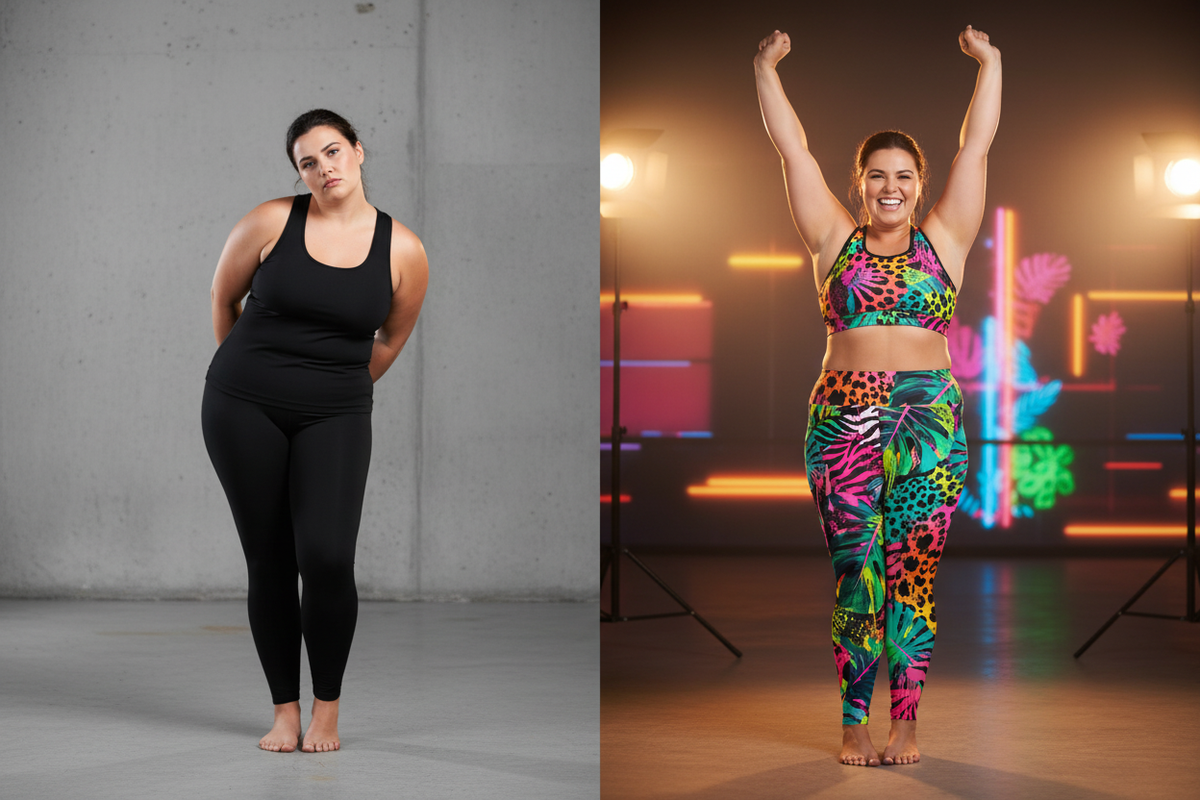 Plus-size woman in vibrant bold print leggings standing next to plain black leggings showing the contrast