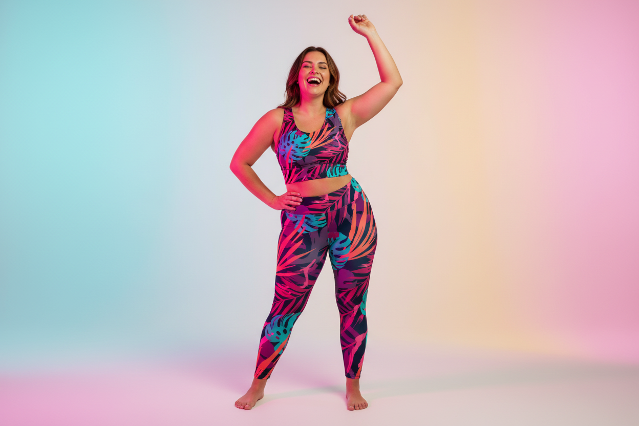 Plus-size woman in vibrant bold print leggings posing powerfully in a bright studio
