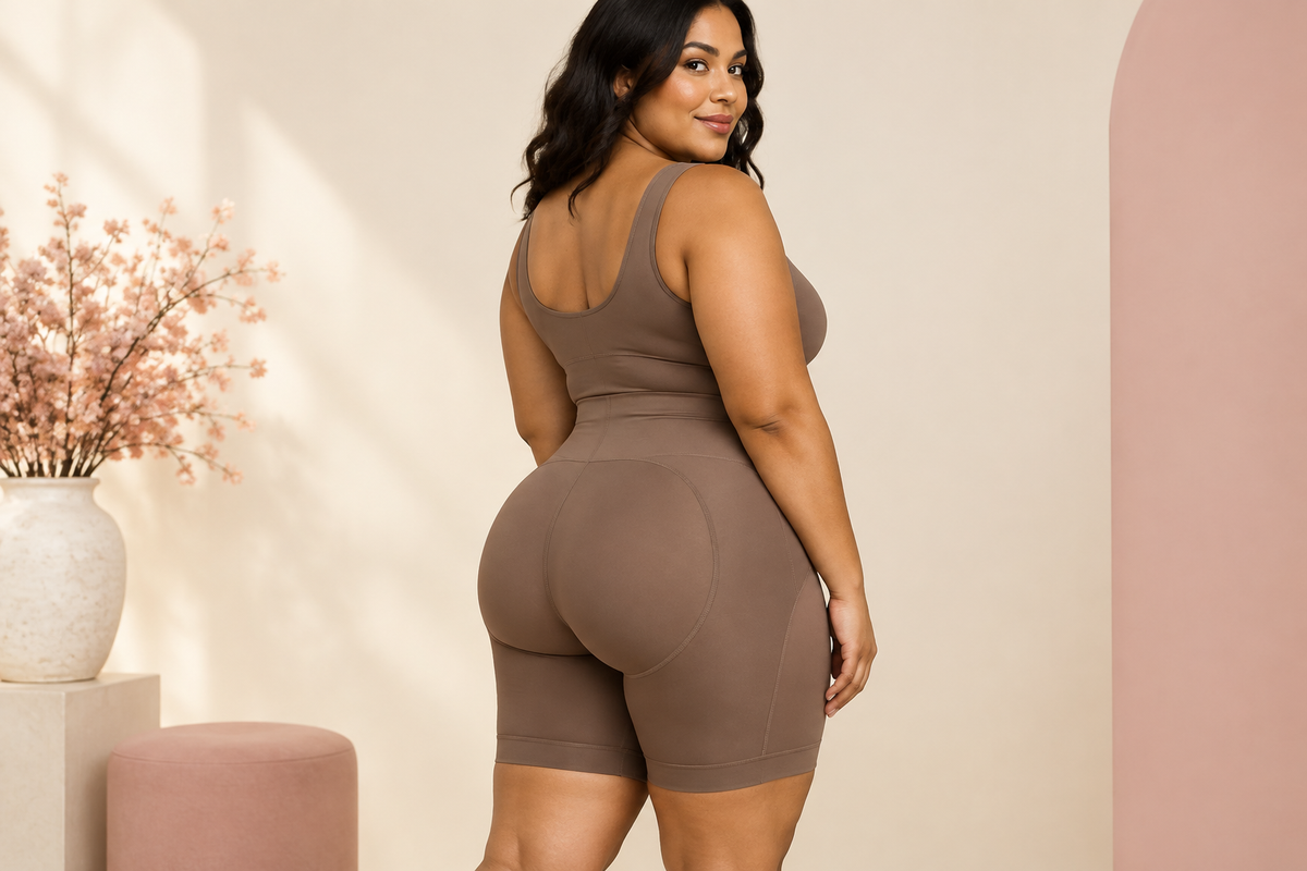 Plus-size model wearing high-waisted butt-lifting shapewear shorts with smooth sculpting fabric in a warm ivory studio.