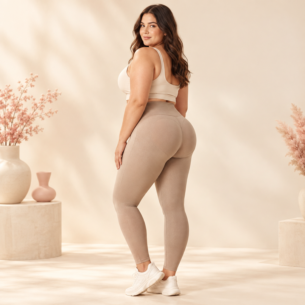 Plus-size model wearing high-waisted butt-lifting shaping leggings with a supportive sculpting fit in a warm ivory studio.