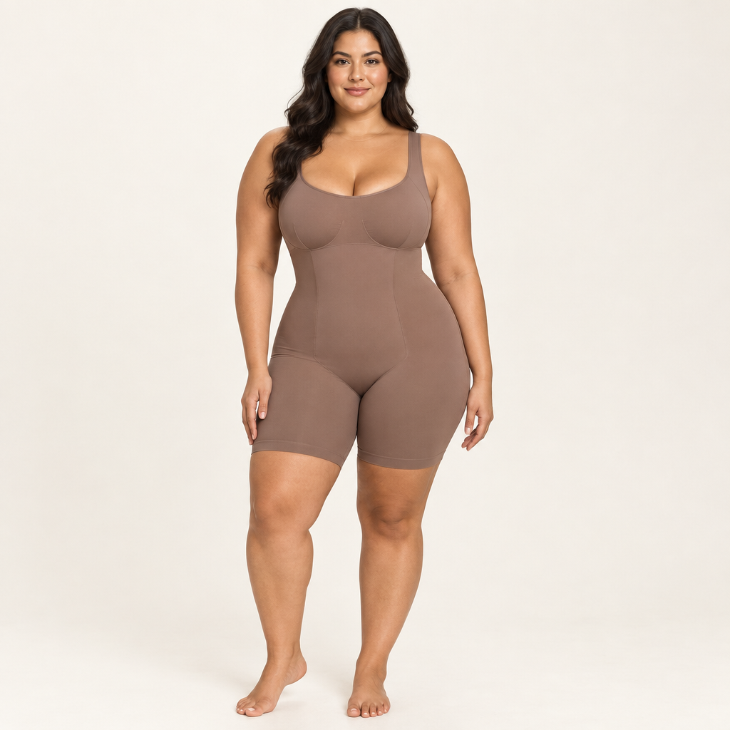 Plus-size model wearing a full-body shaping bodysuit with supportive wide straps, smooth torso compression, and mid-thigh coverage in a warm ivory studio.