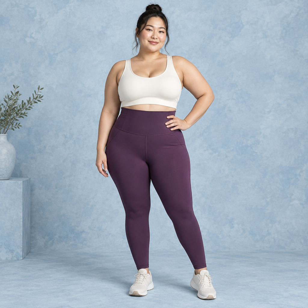 Plus-size model wearing plum high-waist shaping leggings with a separate cream top