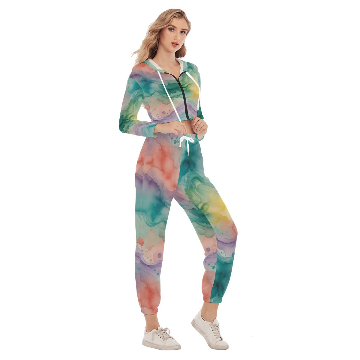 Watercolor Energy All-Over Print Women's Crop Hoodie Sports Set
