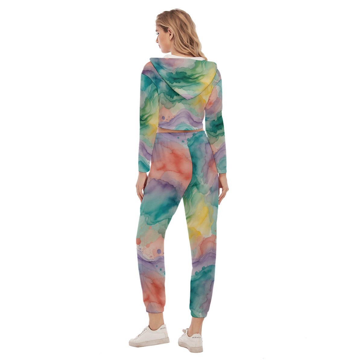 Watercolor Energy All-Over Print Women's Crop Hoodie Sports Set
