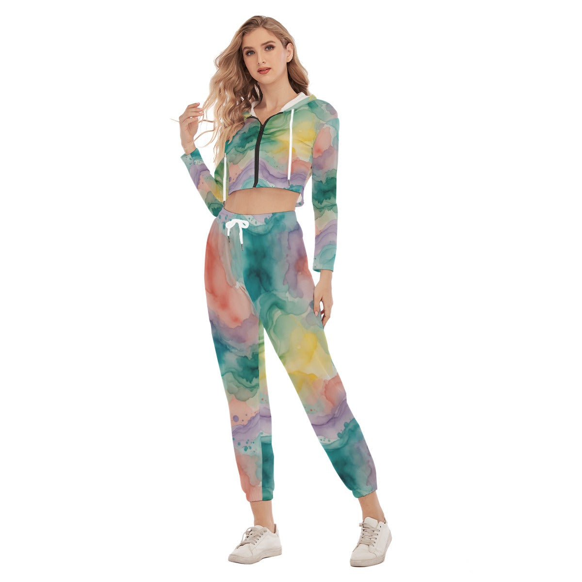 Watercolor Energy All-Over Print Women's Crop Hoodie Sports Set