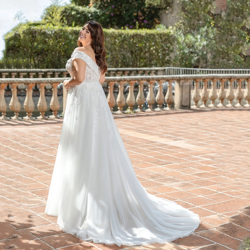 Elan Off-Shoulder Tulle Appliqué Bridal Gown