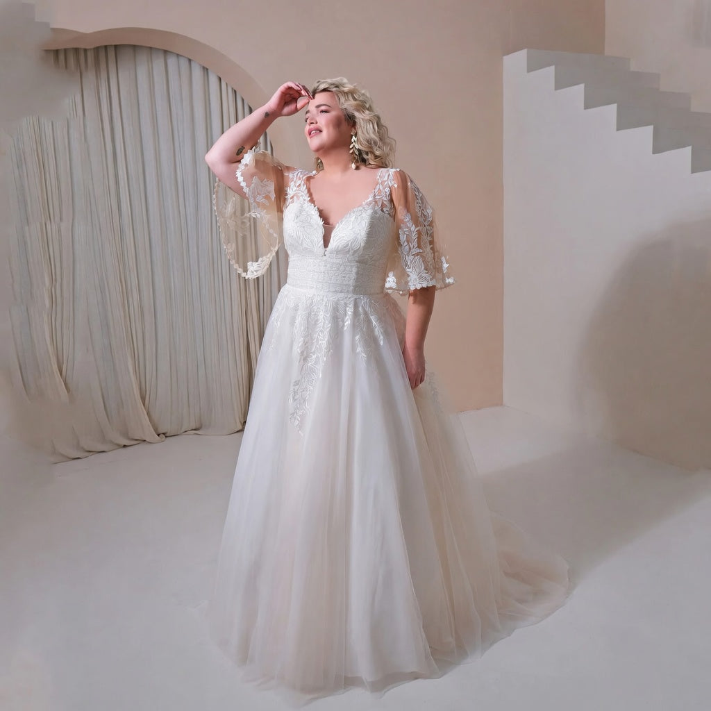 Safi Batwing V-Neck Lace Bridal Gown