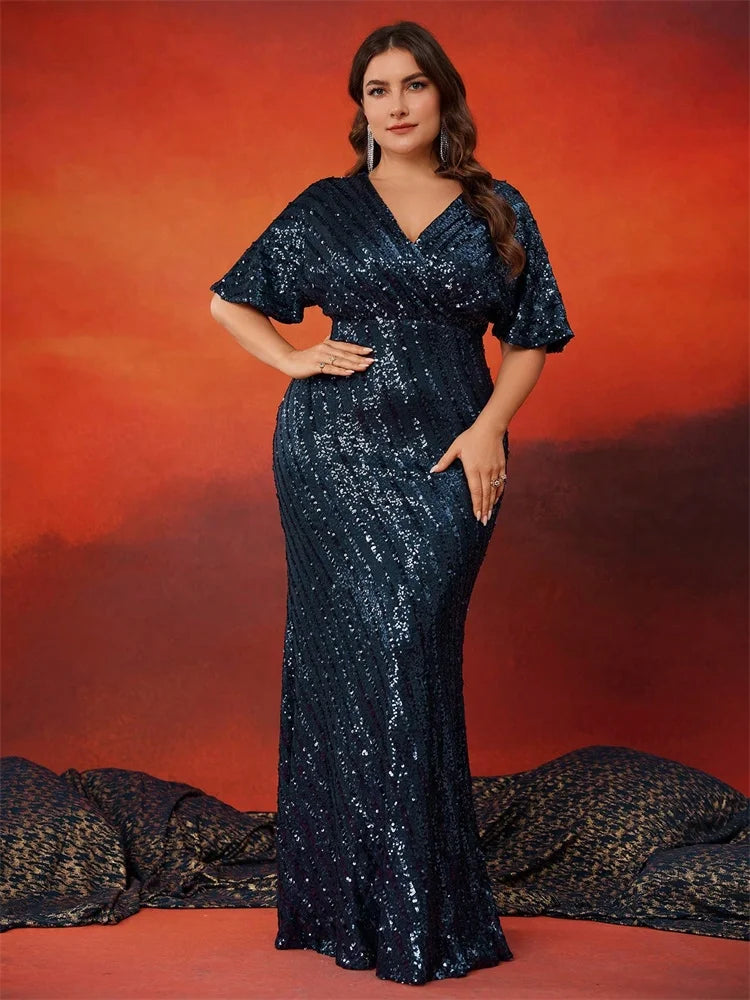 Safi Sequin Flutter-Sleeve Mermaid Plus Size Gown