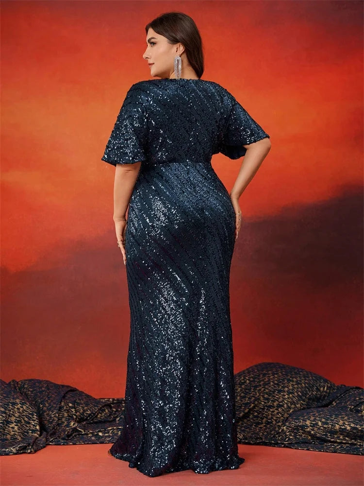 Safi Sequin Flutter-Sleeve Mermaid Plus Size Gown