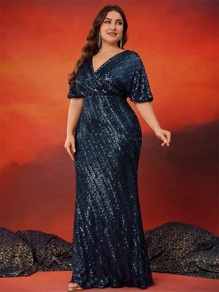 Safi Sequin Flutter-Sleeve Mermaid Plus Size Gown