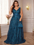 Romy Sequin A-Line Plus Size Evening Gown