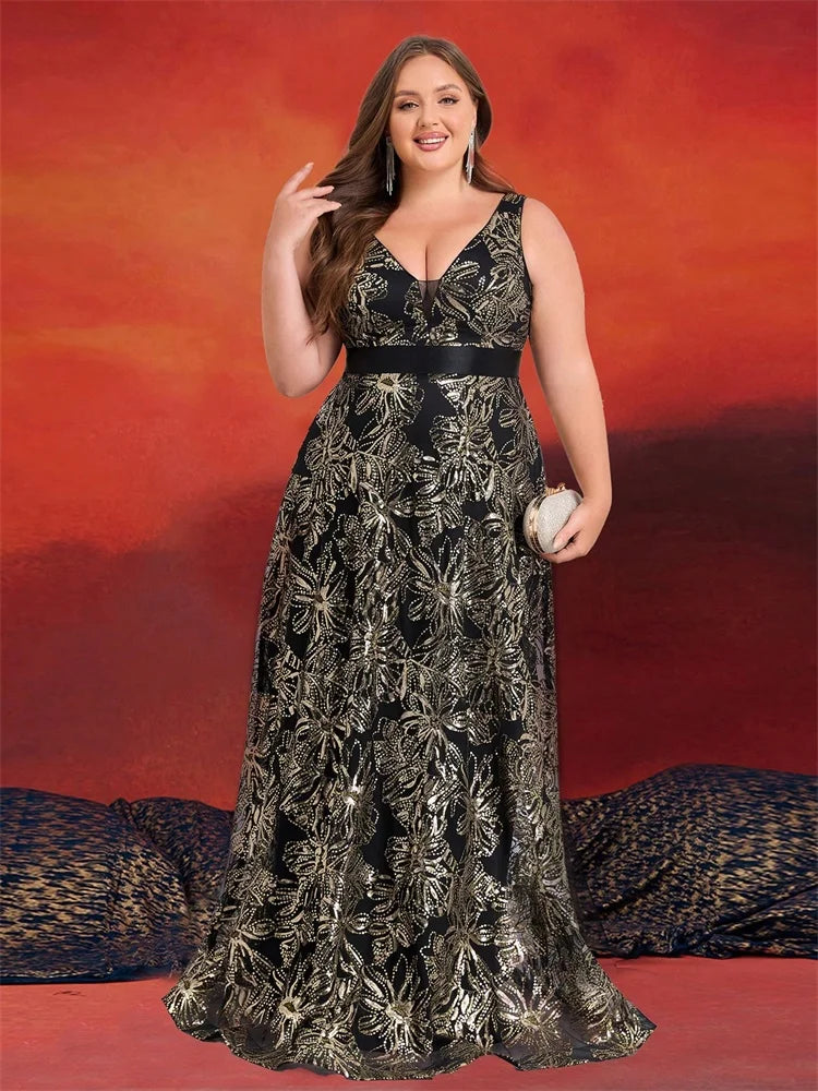Romy Sequin A-Line Plus Size Evening Gown