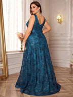 Romy Sequin A-Line Plus Size Evening Gown