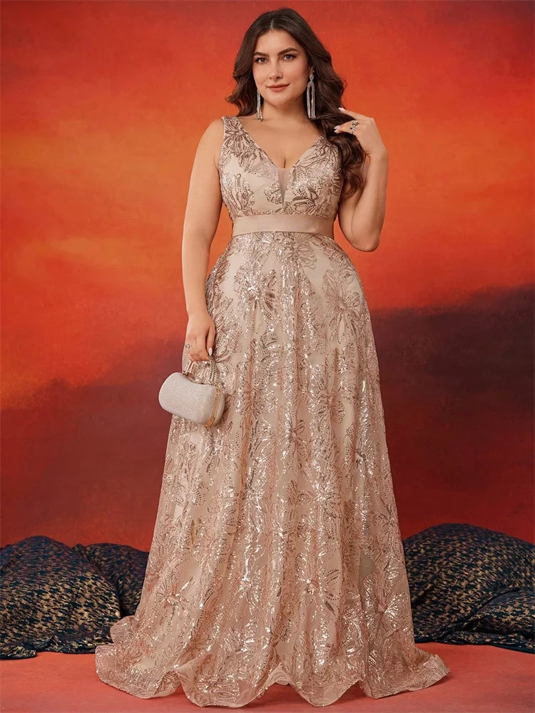 Romy Sequin A-Line Plus Size Evening Gown