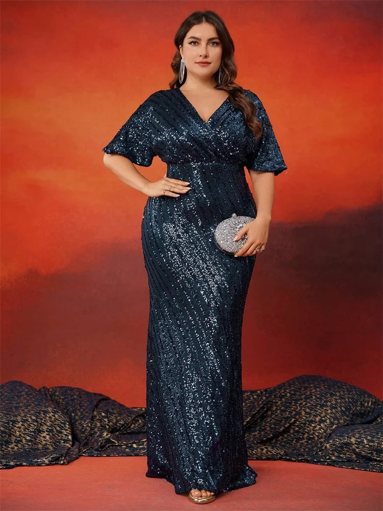 Safi Sequin Flutter-Sleeve Mermaid Plus Size Gown