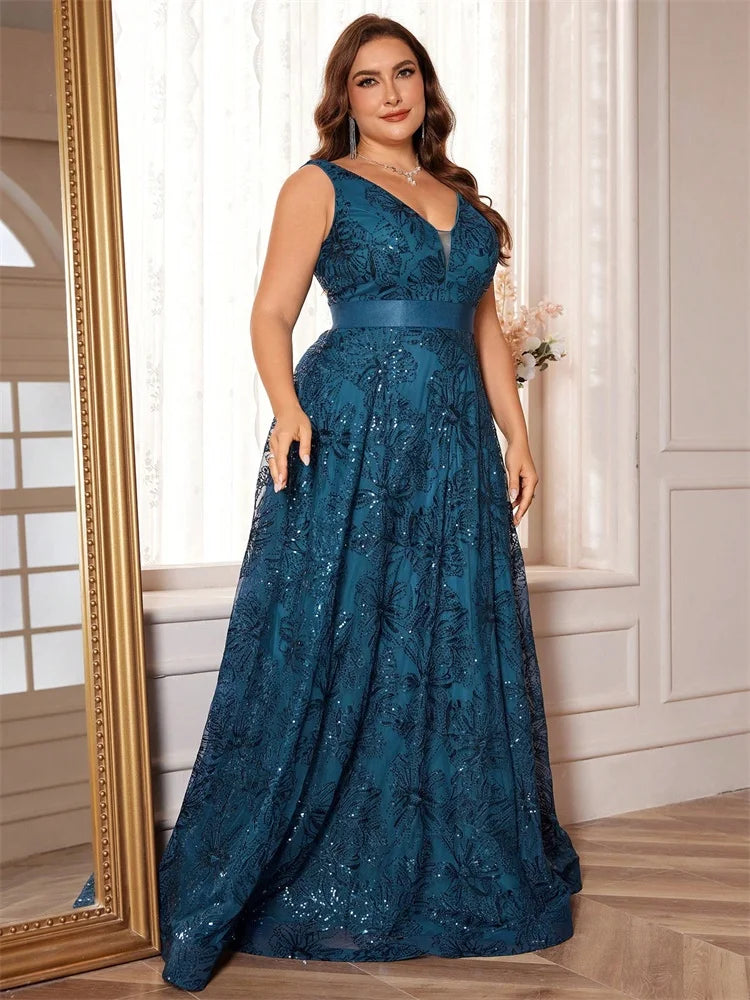 Romy Sequin A-Line Plus Size Evening Gown