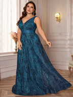 Romy Sequin A-Line Plus Size Evening Gown