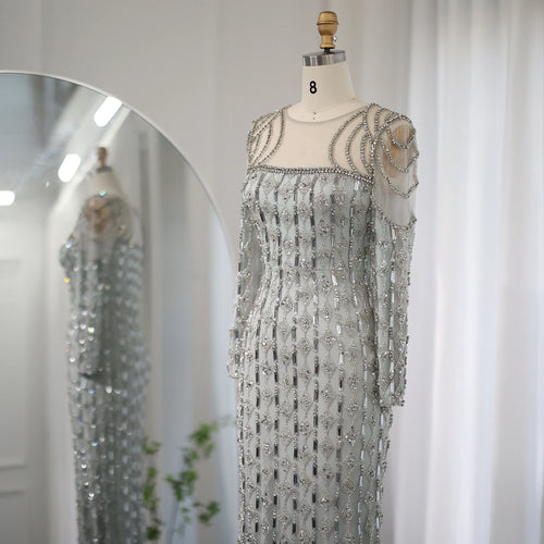 Anya Scoop-Neck Long-Sleeve Crystal Tulle Mermaid Gown