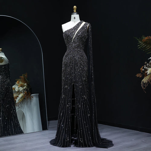 Anya One-Shoulder Crystal Column Gown with Cape