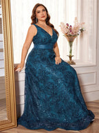Romy Sequin A-Line Plus Size Evening Gown