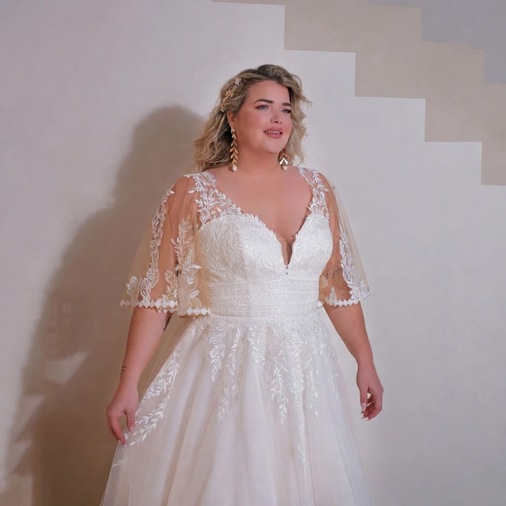 Safi Batwing V-Neck Lace Bridal Gown