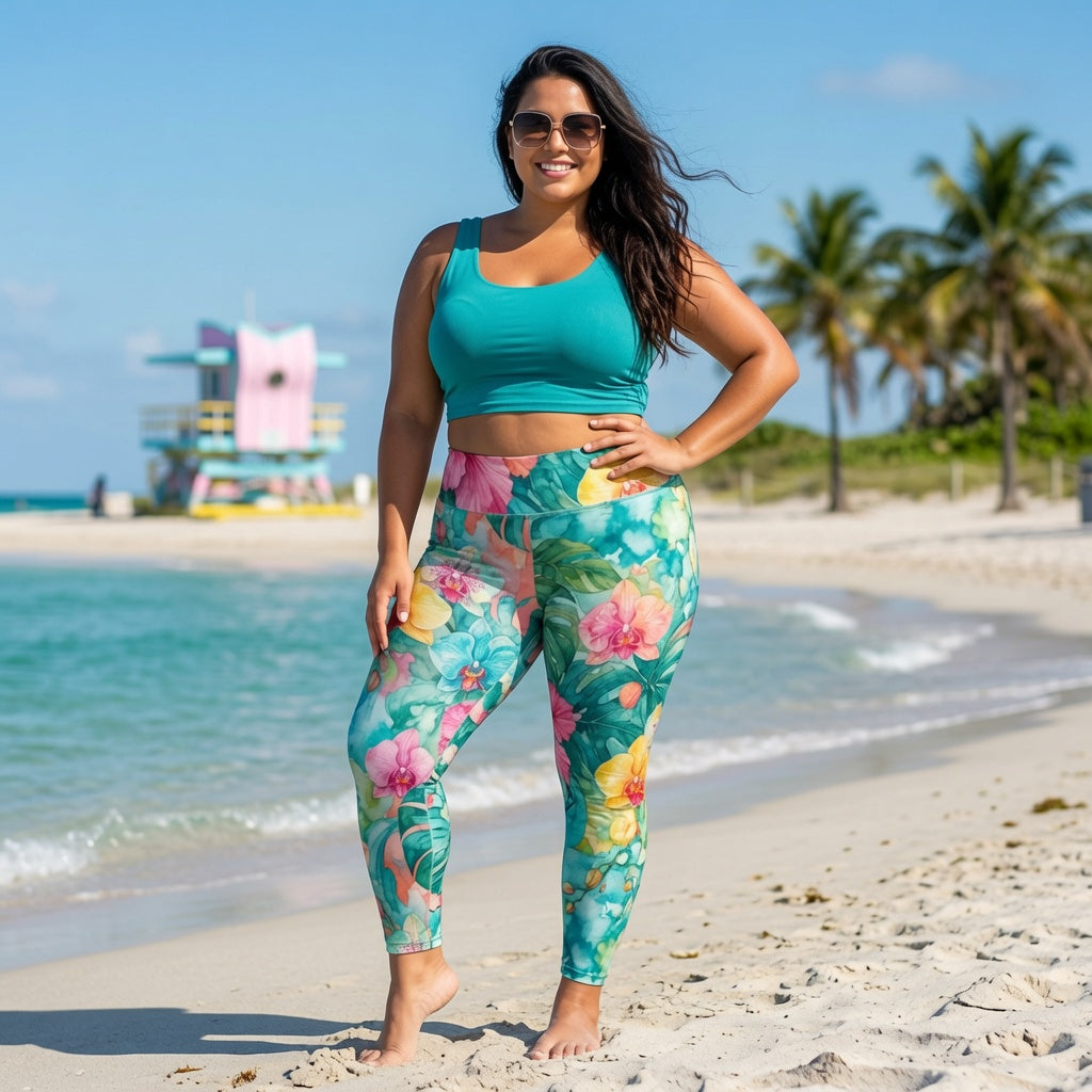 Tropical Watercolor Garden High Waist Leggings