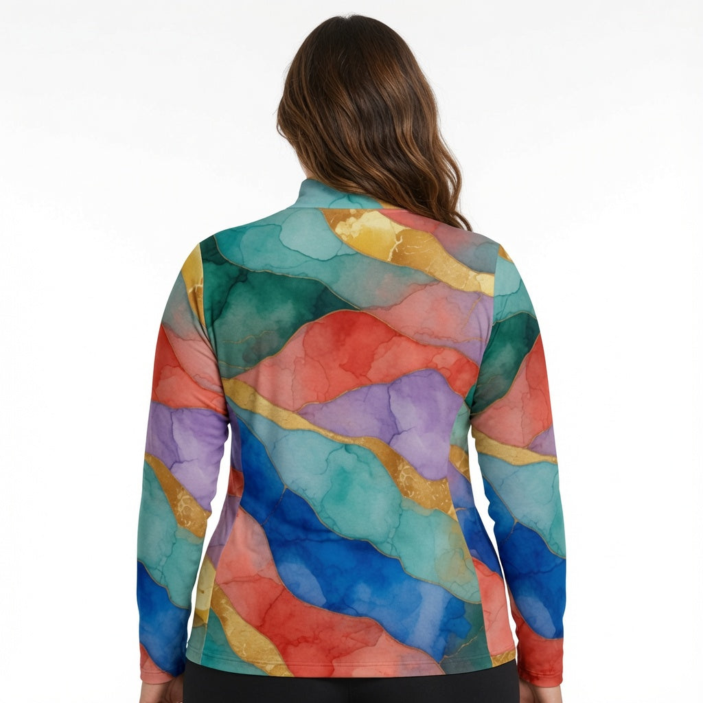 Watercolor Mosaic Stand-Collar Sport Top