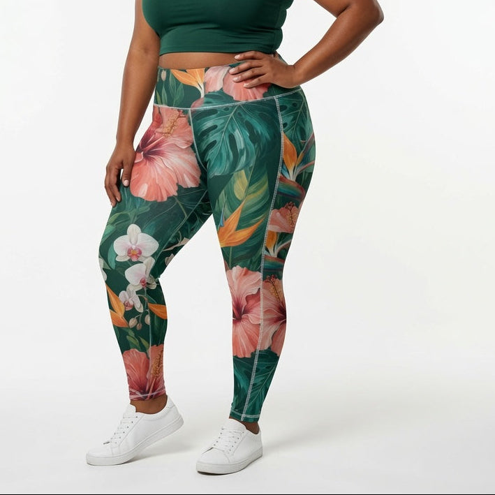 Paradise Hibiscus Print Leggings With Side Pockets