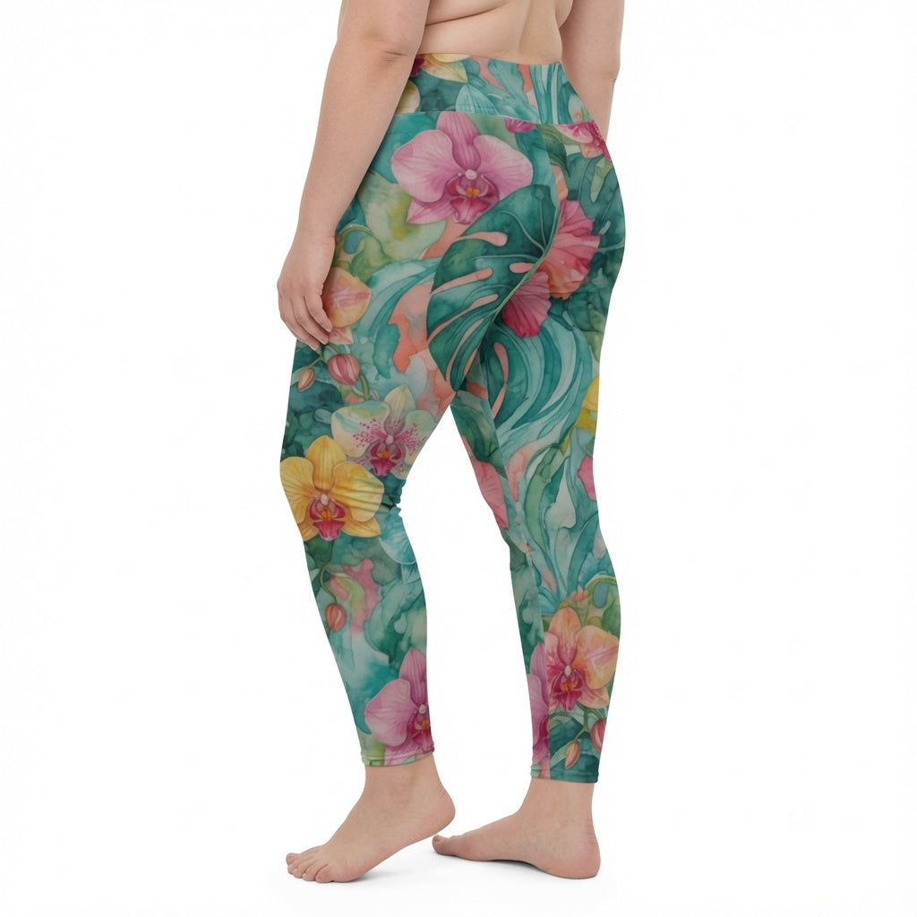 Tropical Watercolor Garden High Waist Leggings